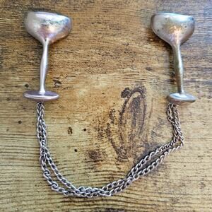 Vintage Gold Tone Pair of Goblet Brooches w/ chain 1950s